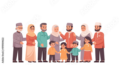 Diverse family members standing together in a line holding hands with love and affection in a heartwarming illustration