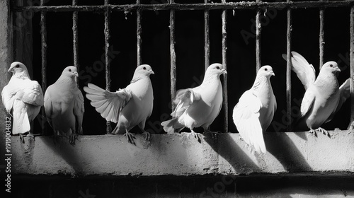 Black and white pigeons on barred window sill