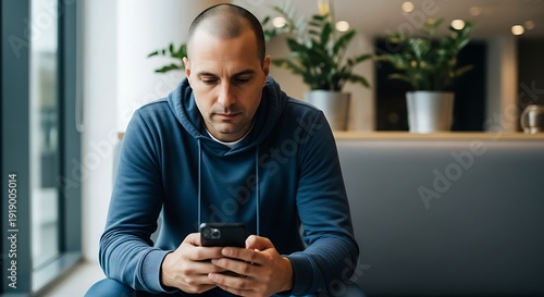 Man in blue hoodie intensely focused on smartphone in modern indoor setting