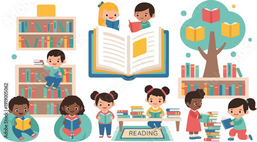 Children engaged in reading activities surrounded by bookshelves and a tree with books in a vibrant educational setting