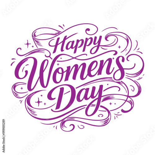 Happy International Womens Day greeting card design featuring elegant purple script calligraphy with decorative swirls and sparkling star elements on a clean minimal white background
