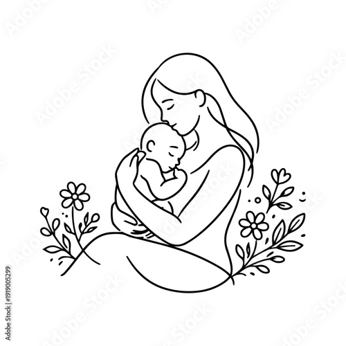 Minimalist line art illustration of a mother tenderly embracing her newborn baby surrounded by delicate floral botanical elements on a clean white background vector