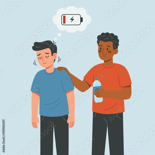 Flat illustration of two male friends showing support, one comforting the other in sadness