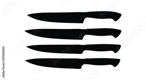 Silhouettes of four different chef knives are neatly arranged horizontally. 