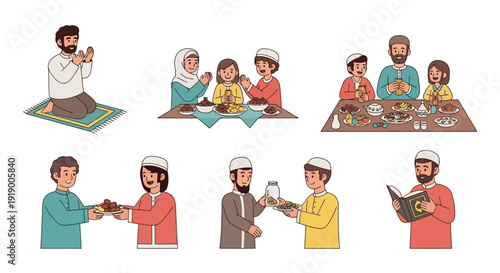 Illustrations of people praying and sharing meals together in various settings and attire