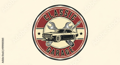 Classic Garage Emblem with Vintage Car and Tools.
