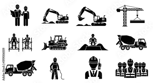 Construction Industry Icons: Workers, Heavy Machinery, and Equipment Silhouettes for Building, Engineering & Infrastructure Projects