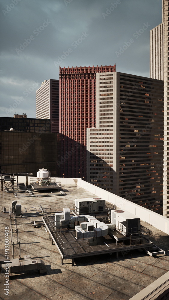 Fototapeta premium sunlit rooftop overlooking office towers with commercial facades, rooftop HVAC and service access, warm afternoon light, clear shadows and urban facility