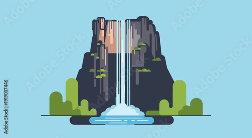 Majestic waterfall cascading down rugged cliffside surrounded by lush greenery