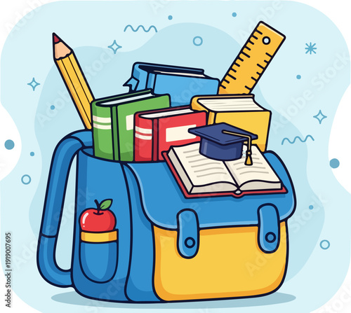 Colorful school bag filled with books pencil ruler apple and graduation cap on top ready for education