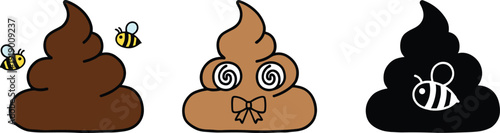 Cartoon poop emoji illustration, quirky designs, bees theme, spiral eyes, bow accessory, humorous icons, playful vector art character set