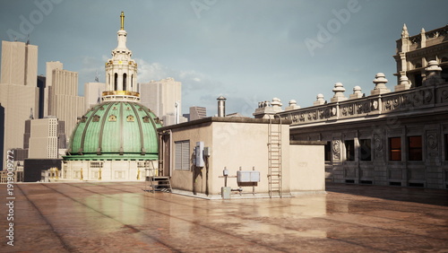 Bilde på lerret Sunlit rooftop dome with city skyline