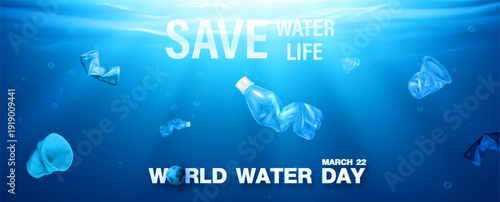 Poster's campaign of world water day in realistic style and waste in water sources concepts with slogan, example texts on blue sky background.