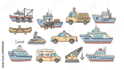 Coastal Transport Variety: A diverse collection of coastal transport options illustrated, representing various boats, ships, and vehicles used for marine activities, cargo, and travel.