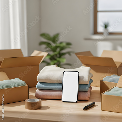Smartphone Mockup With Folded Clothes Package Delivery Concept