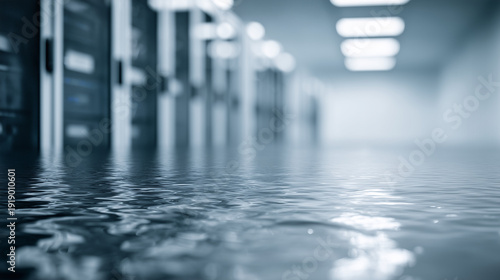 Server Room Flood: A stark visualization of a server room inundated with water, hinting at a critical system failure or disaster and technological challenge.