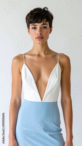 a brunette female model with short hair wearing a light blue and white mini dress on white background, fashion photography, spring summer collection