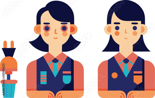 Cartoon women in orange and blue uniforms with electrical plug