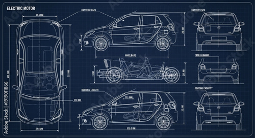 Blueprint schematic of a modern compact car design.