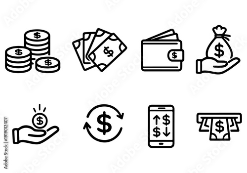 Money and finance outline icon collection. Includes coins, banknotes, wallet, money bag, hand with coin, currency exchange, mobile banking, and ATM symbols. Created in black line art style with
