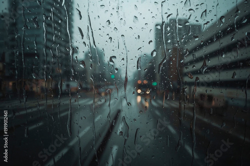 Raindrops falling on car window in city street