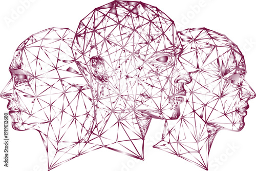 Three Wireframe Heads in Pink Geometric Pattern purple