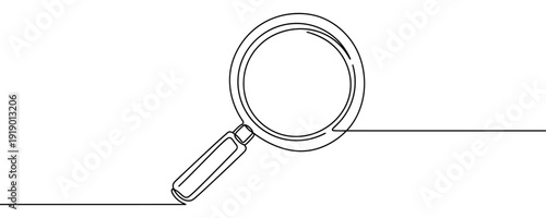 Magnifying glass in line art style. Minimalist drawing of a loupe made in a single continuous line. Vector illustration for search, analytics, research, and investigation themes.