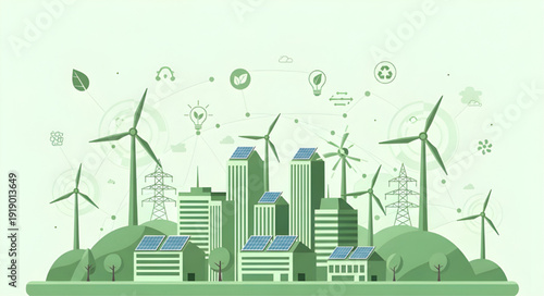 Renewable Energy Concept with Solar Panels and Wind Turbines in Sustainable Smart City Illustration