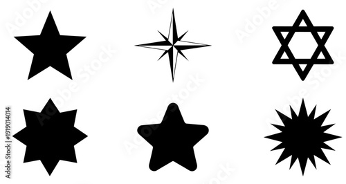 Wallpaper Mural A set of black silhouette icons of various types of stars, including a classic five-pointed star, a four-pointed North Star, the Star of David, and multi-pointed variations. Vector illustration. Torontodigital.ca