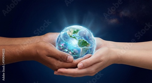 Diverse Hands Holding Glowing Water Earth Globe — World Water Day Concept Illustration