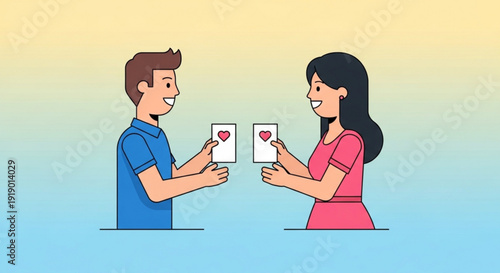 Couple sharing heart cards smiling at each other in love and friendship colorful illustration