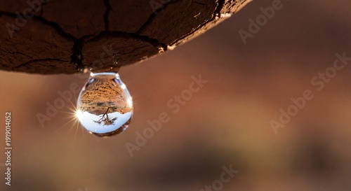 Macro water drop hanging from cracked dry earth refracting an inverted landscape, symbolizing drought and the value of water