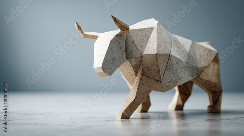 Origami Bull in Focus: A stunning origami bull, expertly crafted with intricate folds, stands confidently against a minimalist background, symbolizing strength and financial prowess.