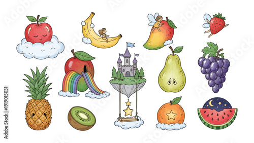 Whimsical Fruit Collection: A delightful assortment of anthropomorphic fruits and a fairytale castle floats on clouds.