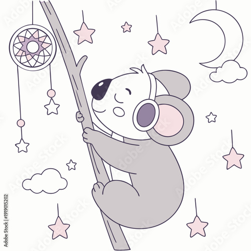 Cute SVG of a Happy Koala in Dreamland colors, featuring wearing headphones in a Fantasy dream setting