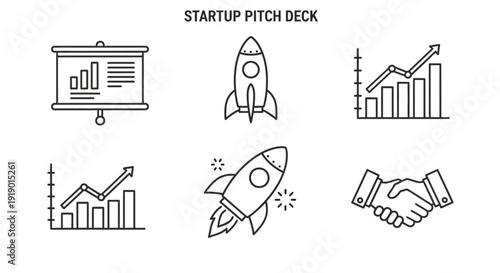 Startup pitch deck business presentation icons.