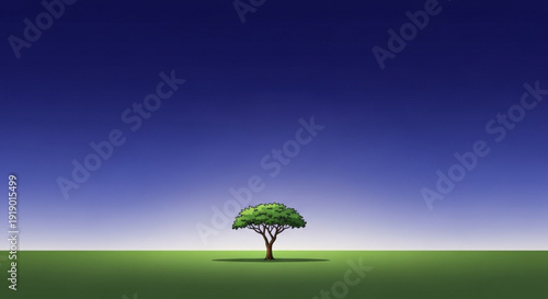 A lone tree stands on a green field under a vibrant blue gradient sky with white horizon