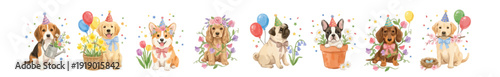 Cute birthday puppies. Watercolor party dogs with balloons, confetti and flowers clipart set, 8 PNG. Collection of Vector illustrations. Perfect for invitation, card, poster, banner, decoration