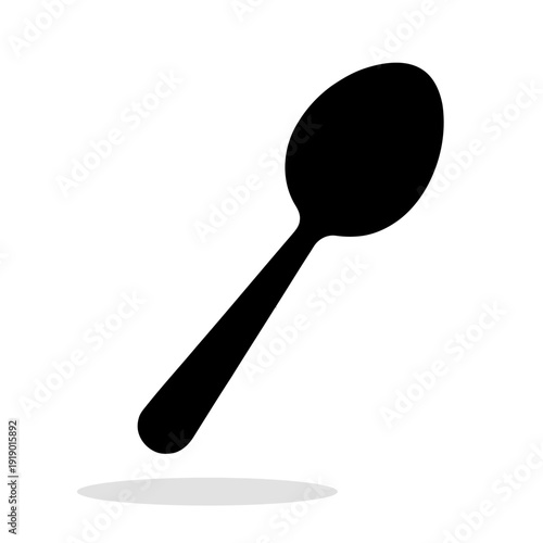 Black silhouette icon of a tablespoon positioned at an angle. Minimalist vector illustration of kitchen utensils in a simplified graphic style.