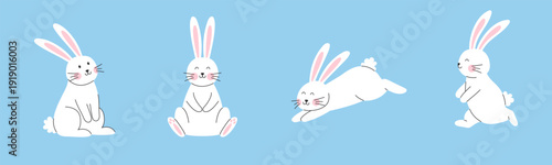 Cute white bunny character set in different poses. Sweet rabbits for Easter cards, nursery prints and kids design