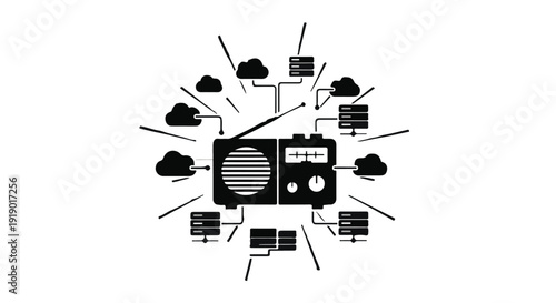 Vintage radio broadcasting digital data to cloud servers and network devices