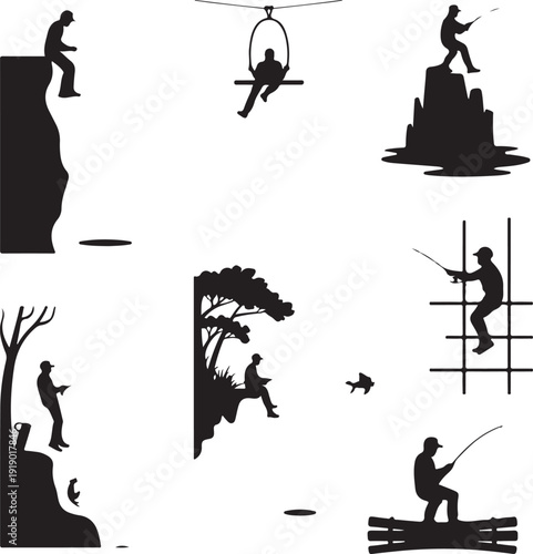 Silhouette of people doing outdoor activities  climbing fishing ziplining