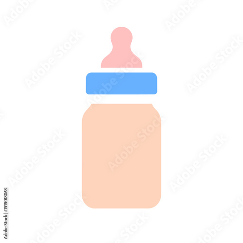Color icon of a baby feeding bottle with a blue cap. A minimalist vector illustration symbolizing infant care, motherhood, and baby food.