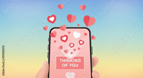 Hand holding smartphone with thinking of you message and floating hearts on screen against colorful sunset background