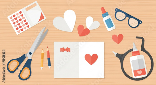 Valentine's day craft supplies and stationery on a wooden desk for handmade cards and gifts