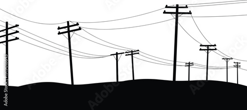 Silhouette of electric utility poles and overhead power lines across rural landscape, electricity transmission and distribution network, industrial power supply concept.