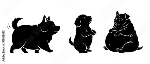 Three silhouettes of different dog breeds in black against a white background