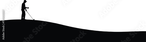 Metal Detector Hobbyist Silhouette on Hill, Treasure Hunting Outdoor Activity in Black and White Vector Illustration Concept