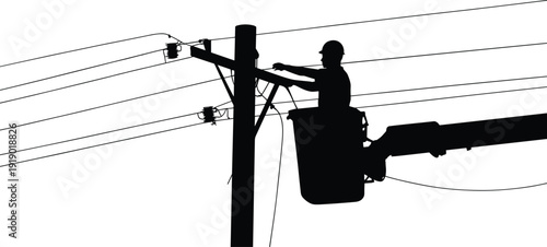 Silhouette of electric utility worker repairing overhead power lines on distribution pole from bucket truck, professional lineman maintenance, electricity infrastructure service and safety work.