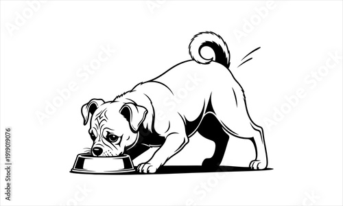 Cute pug dog eating from a food bowl, black and white illustration